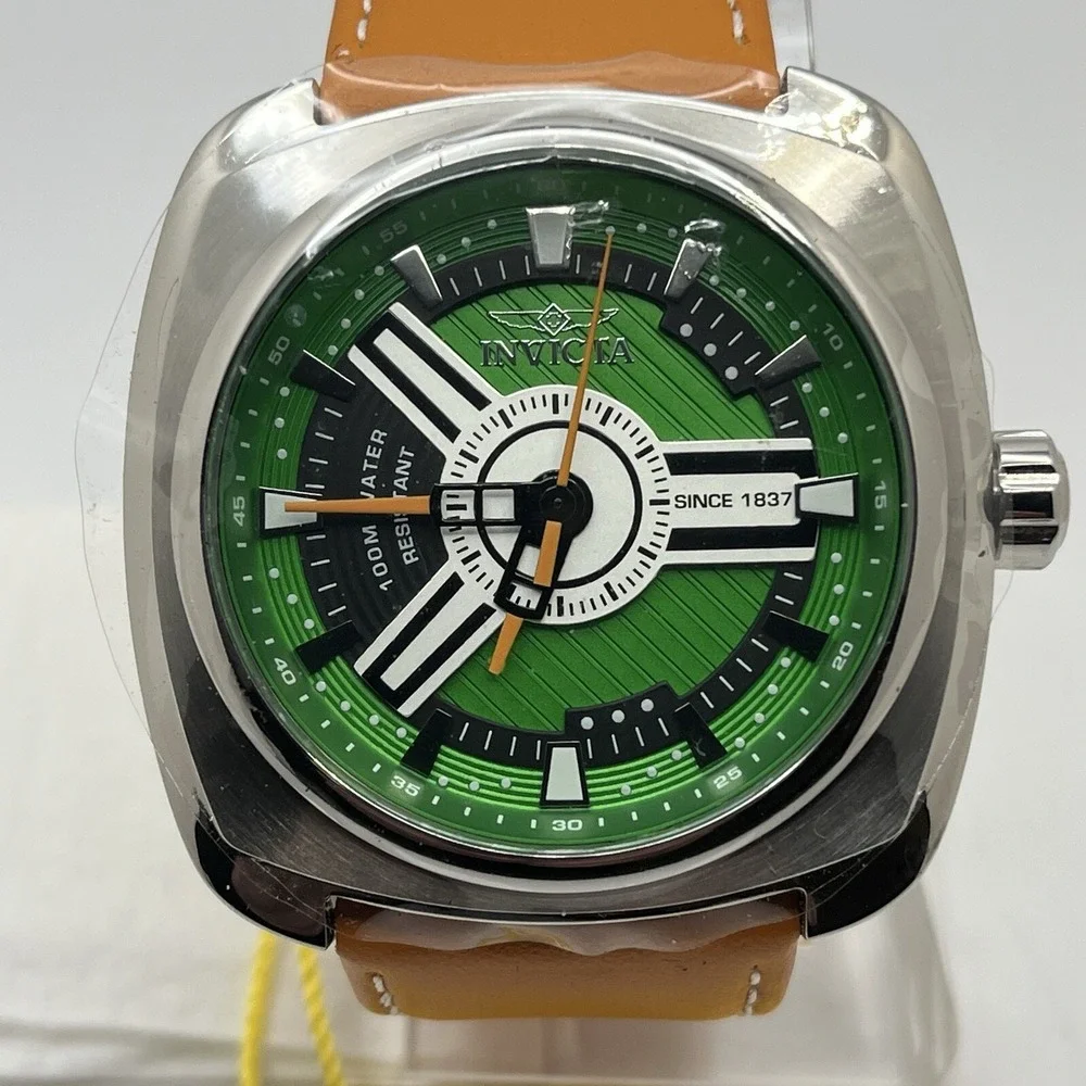 Invicta Mens S1 Rally 28602 Green Dial Brown Leather Strap 48mm Sport Watch NWT